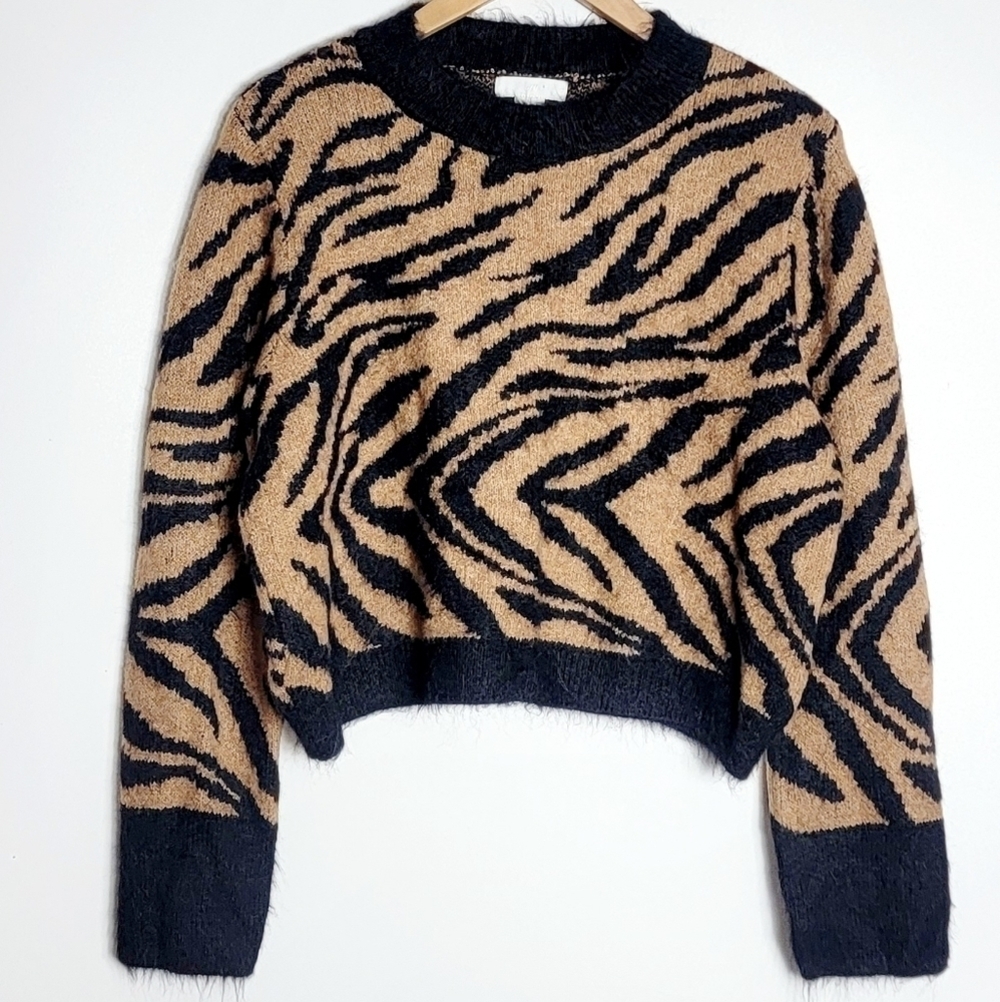 H&M Black/Tan Zebra Print Eyelash Jacquard-knit Women's Cropped Sweater Size M